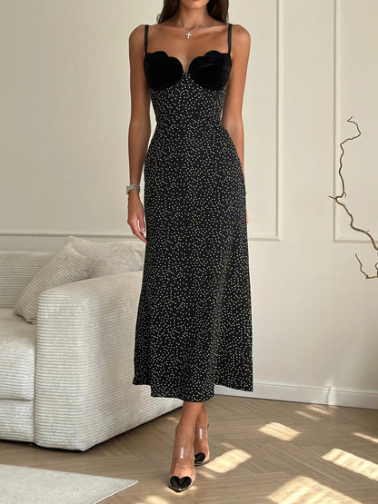 Velvet Bustier Scalloped Neckline Spaghetti Strap Polka Dot Maxi Dress
