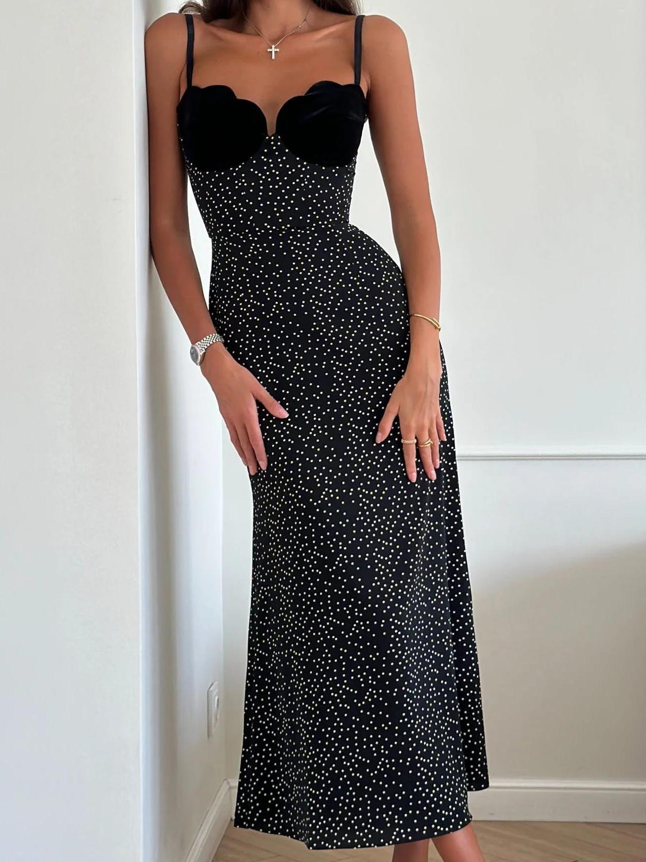 Velvet Bustier Scalloped Neckline Spaghetti Strap Polka Dot Maxi Dress