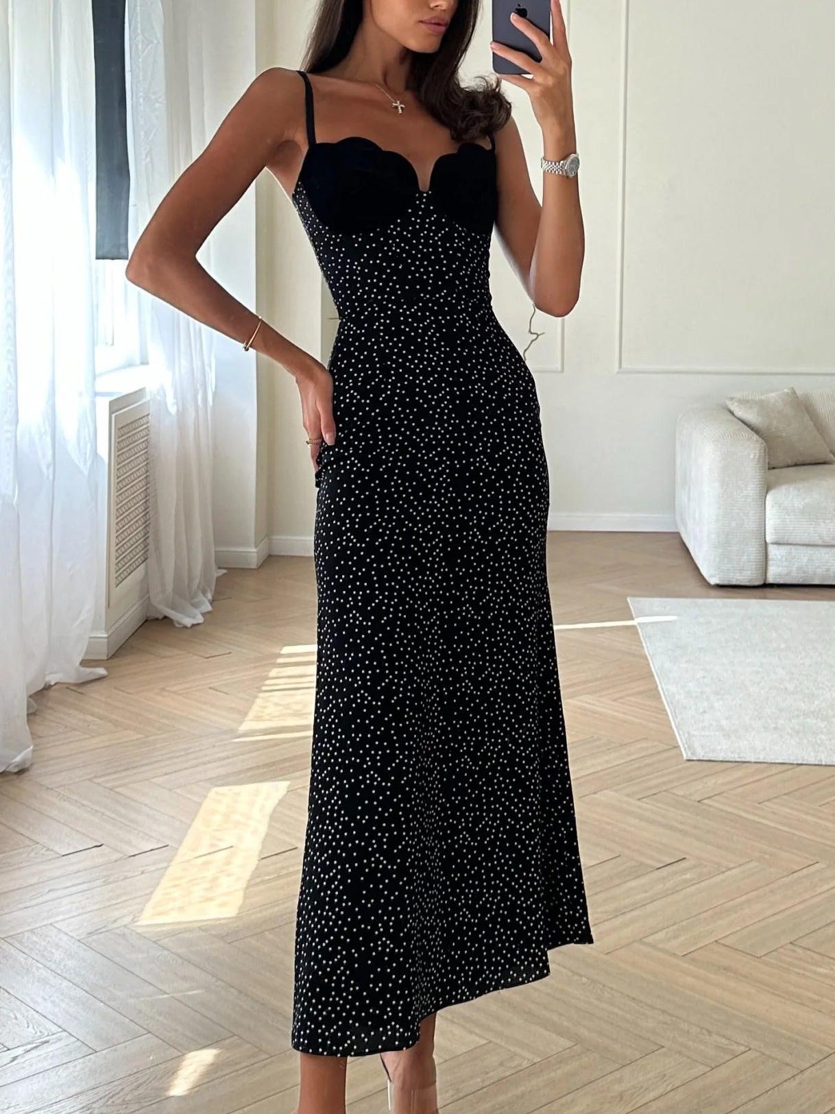 Velvet Bustier Scalloped Neckline Spaghetti Strap Polka Dot Maxi Dress