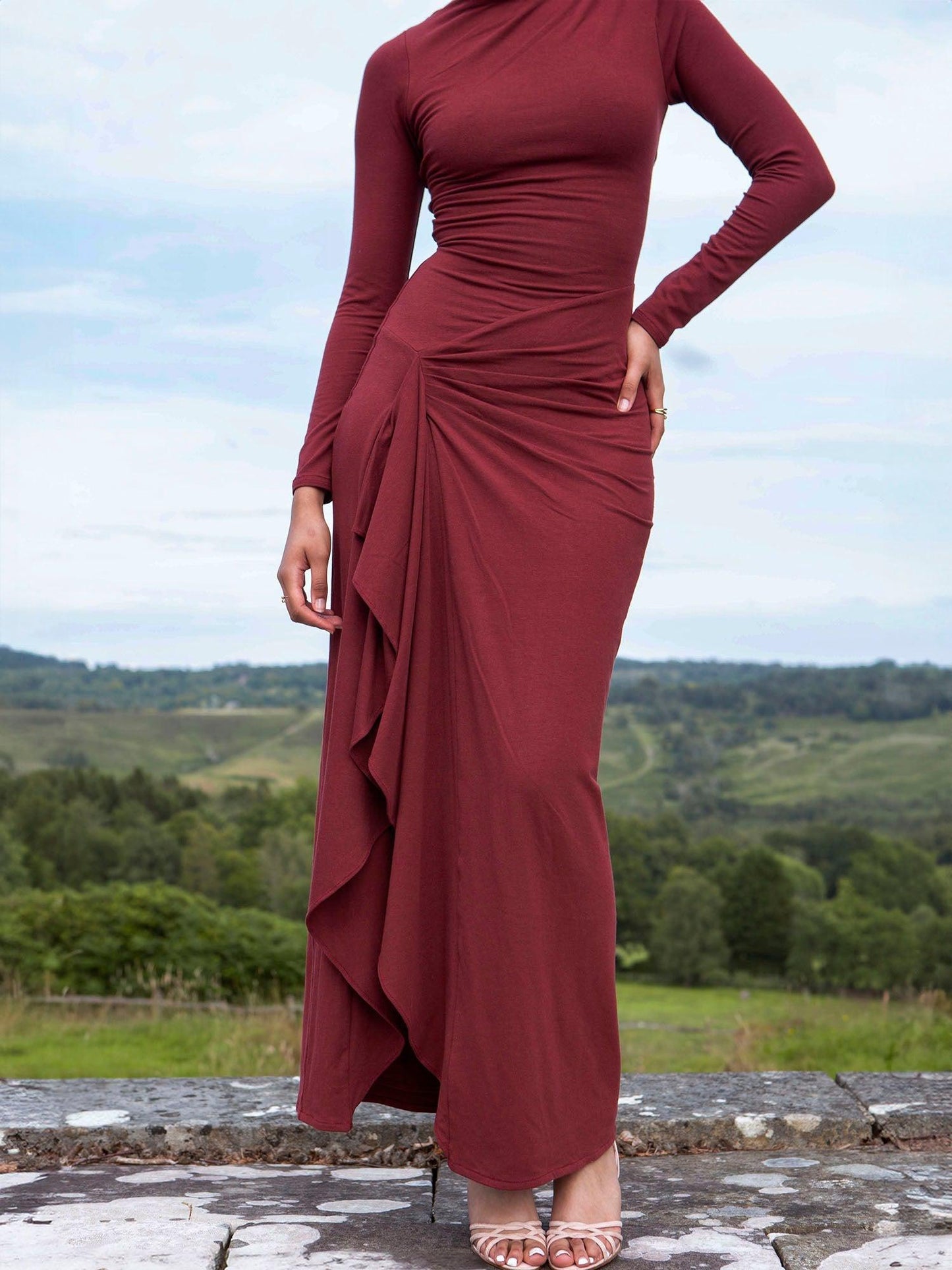 | Draped Elegant Stretch Long-Sleeve Gown