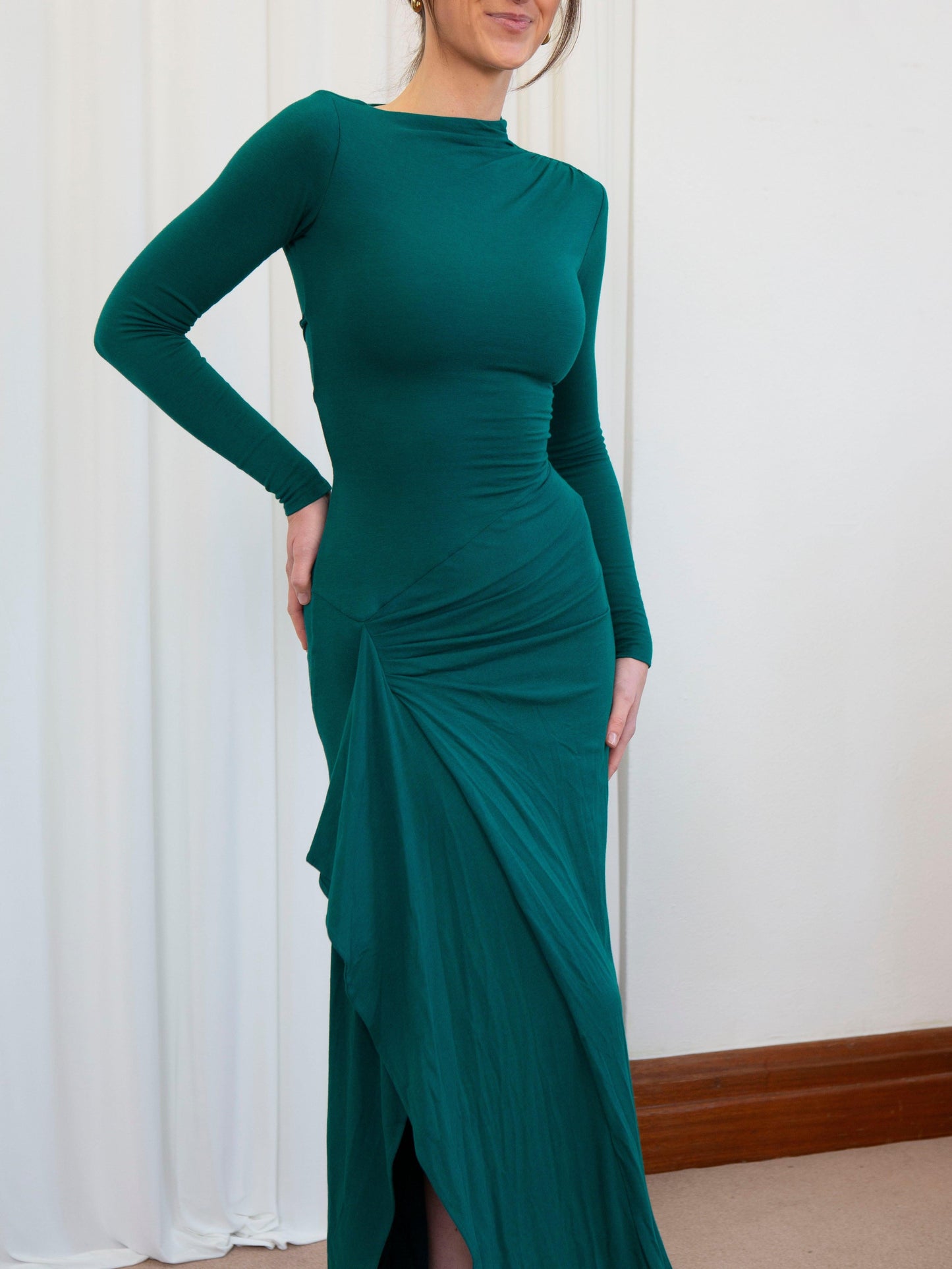 | Draped Elegant Stretch Long-Sleeve Gown