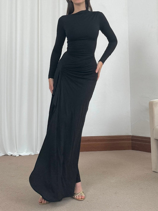 | Draped Elegant Stretch Long-Sleeve Gown