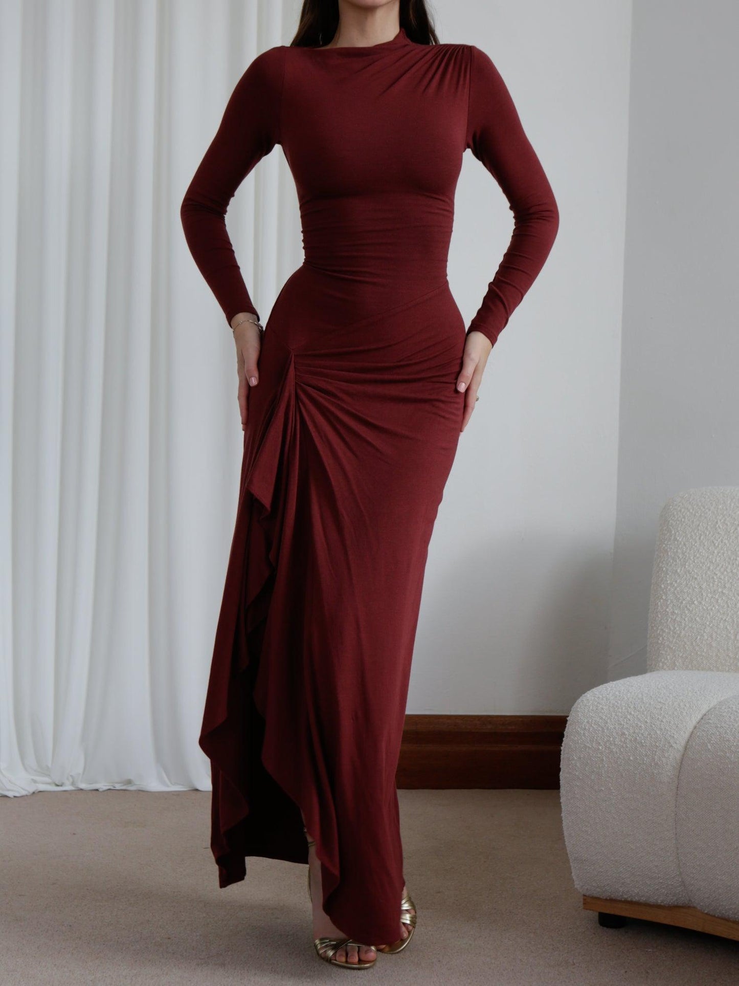 | Draped Elegant Stretch Long-Sleeve Gown