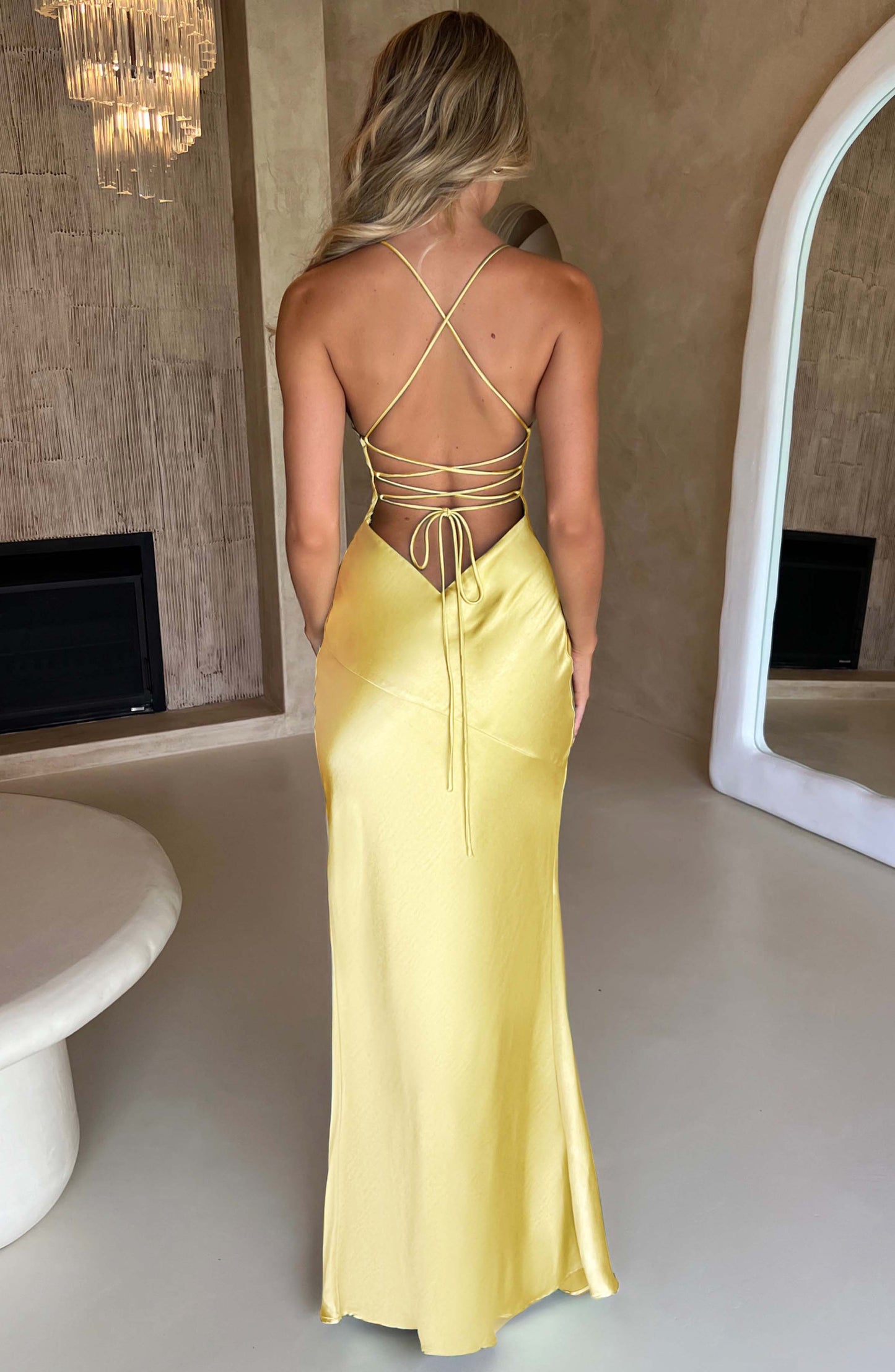 | Satin Split Spaghetti Strap Gown