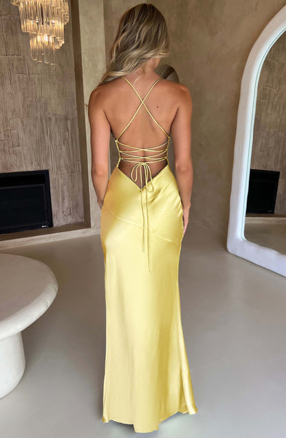 | Satin Split Spaghetti Strap Gown