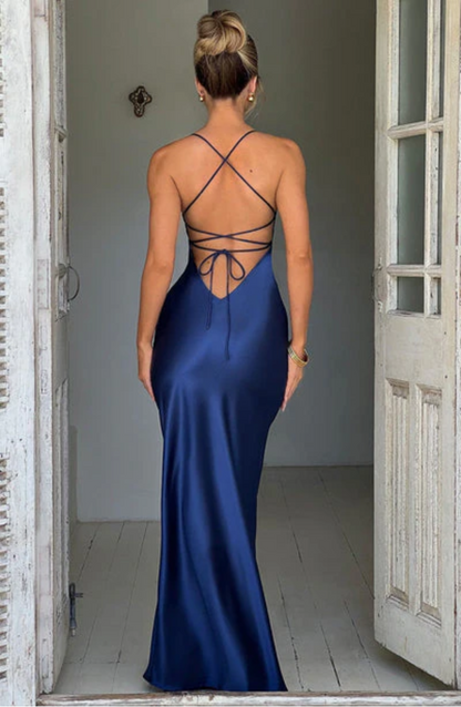| Satin Split Spaghetti Strap Gown