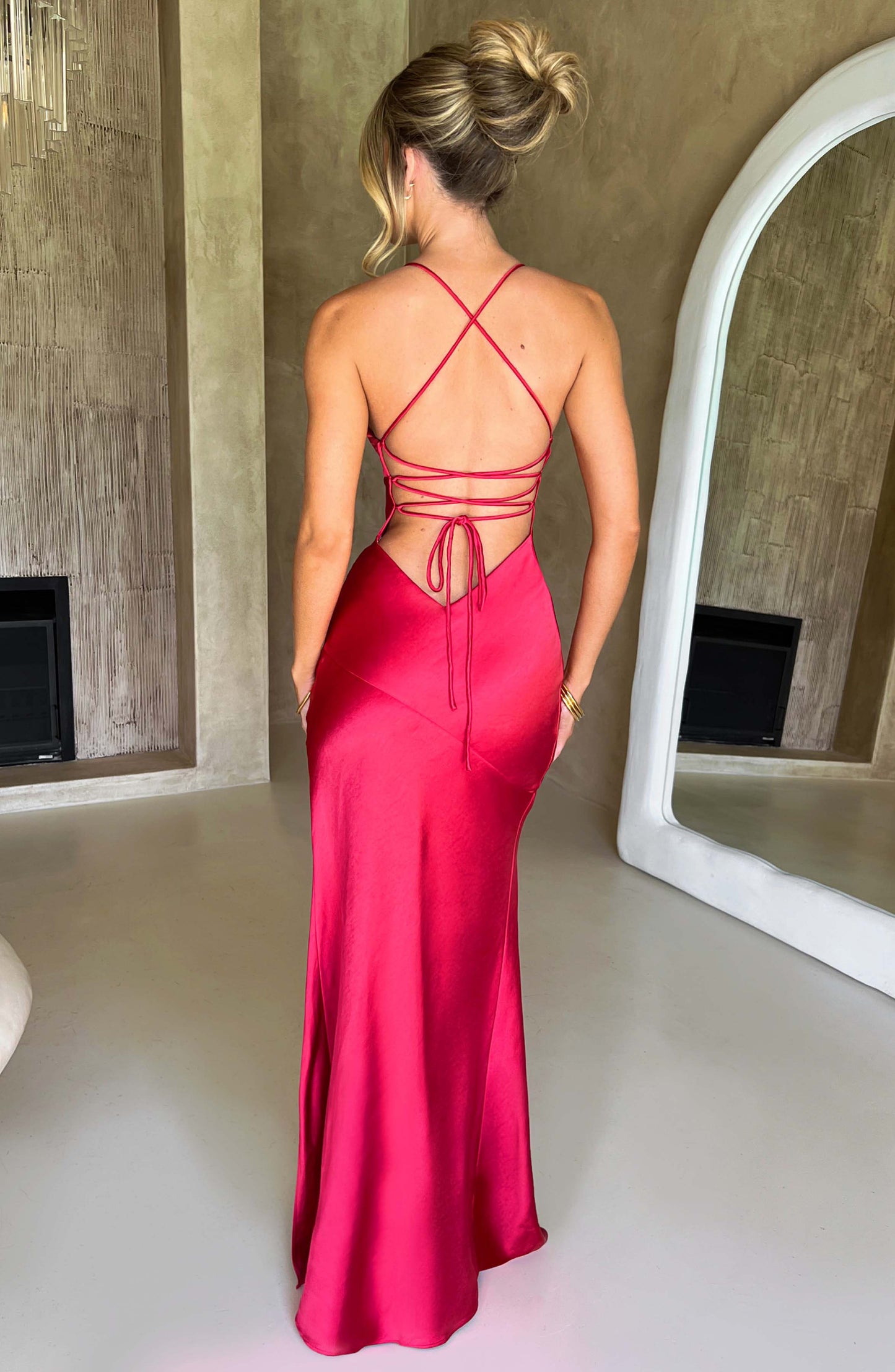 | Satin Split Spaghetti Strap Gown
