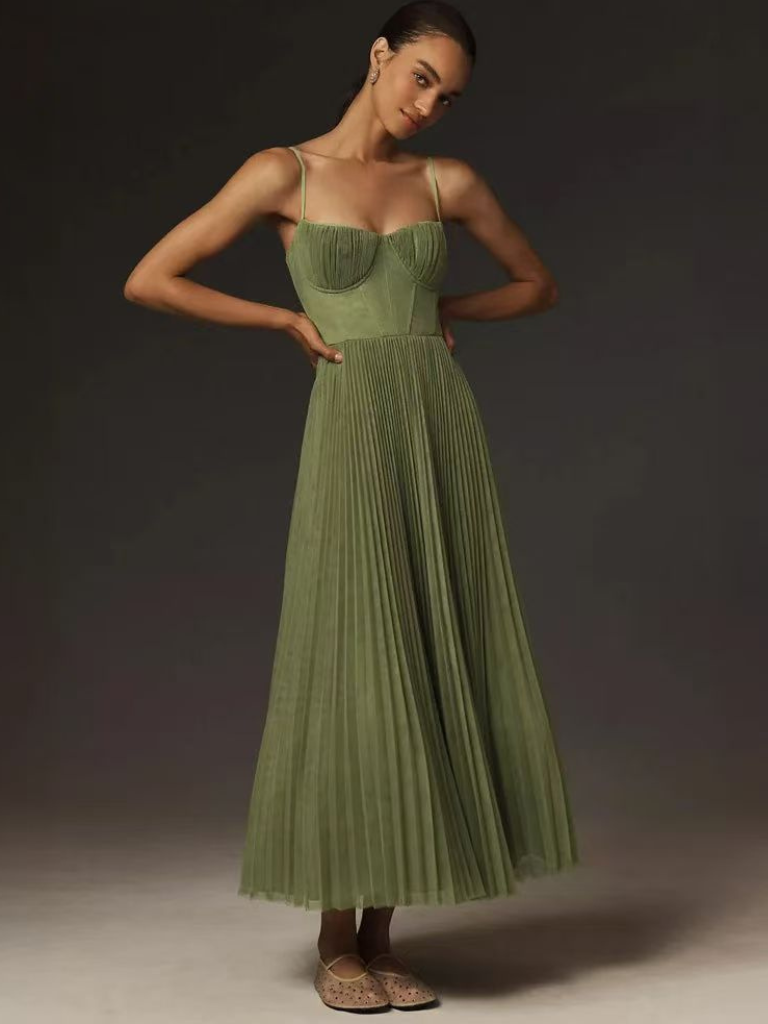 | Pleated Corset Midi Dress
