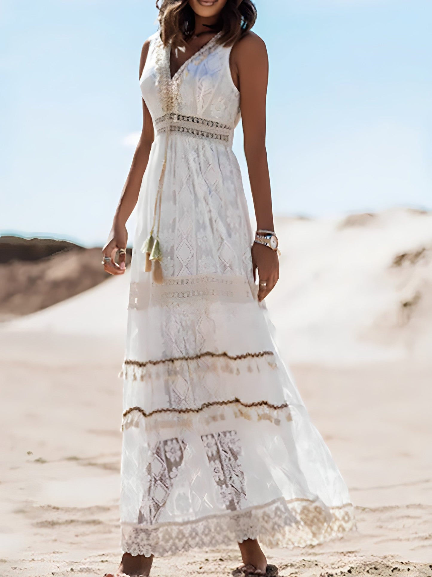 Deep V-Neck Lace Trim Drawstring Tie High Slit Tiered Maxi Dress