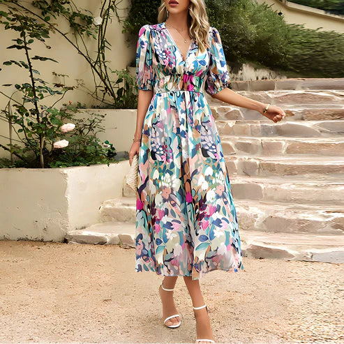 Abstract Floral Print Puff Sleeve Surplice V-Neck Cinched Waist Midi Dress