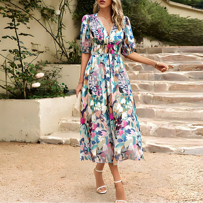 Watercolor Floral Deep V-Neck Puff Sleeve Smocked Waist Midi Dress