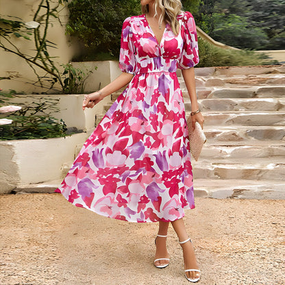 Watercolor Floral Deep V-Neck Puff Sleeve Smocked Waist Midi Dress