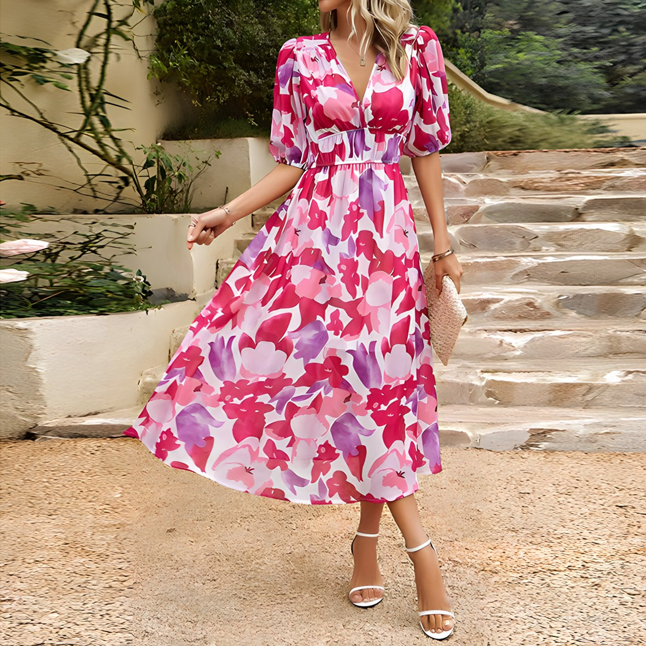 Abstract Botanical Print Puff Sleeve Smocked Waist Side Slit Midi Dress