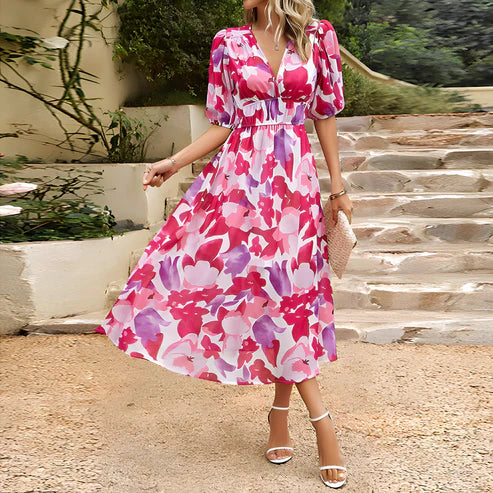 Abstract Floral Print Puff Sleeve Surplice V-Neck Cinched Waist Midi Dress
