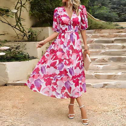 Abstract Floral Print Puff Sleeve Surplice V-Neck Cinched Waist Midi Dress