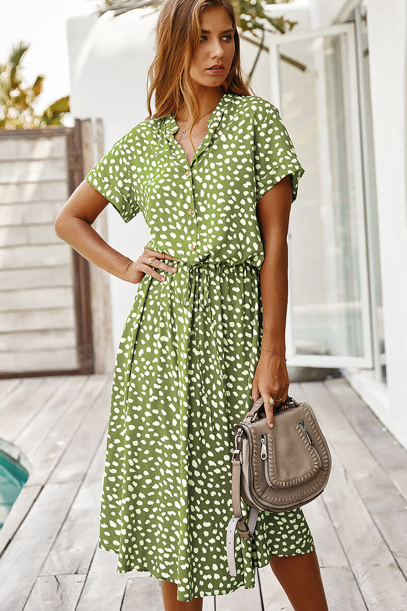 Print Collared Button Front Short Sleeve Drawstring Waist Midi Dress