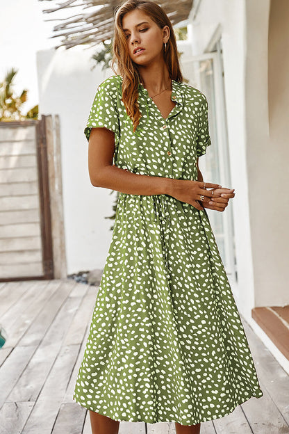Print Collared Button Front Short Sleeve Drawstring Waist Midi Dress