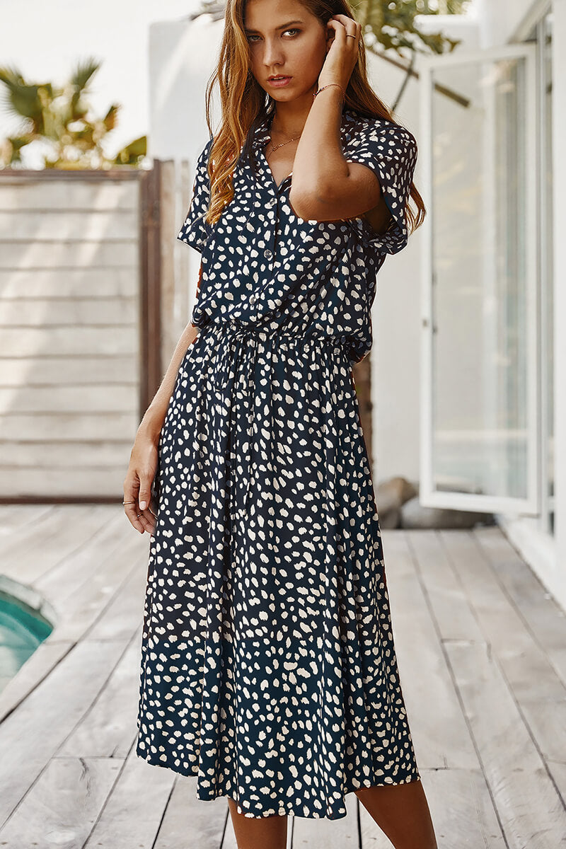 Print Collared Button Front Short Sleeve Drawstring Waist Midi Dress