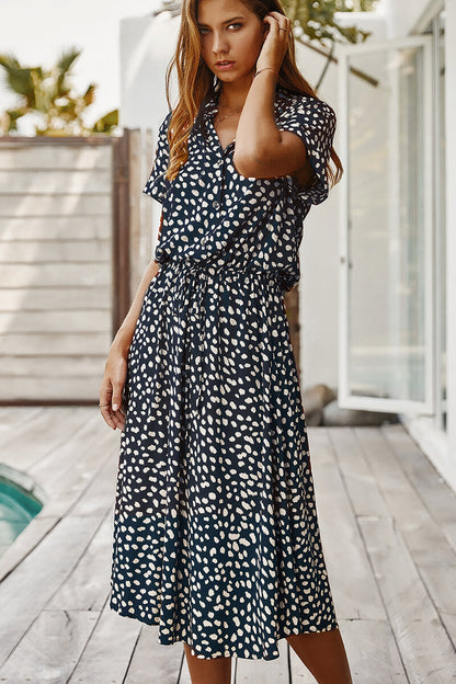 Print Collared Button Front Short Sleeve Drawstring Waist Midi Dress
