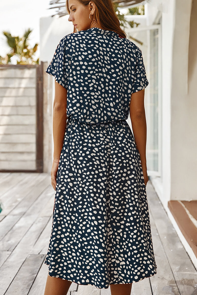 Print Collared Button Front Short Sleeve Drawstring Waist Midi Dress