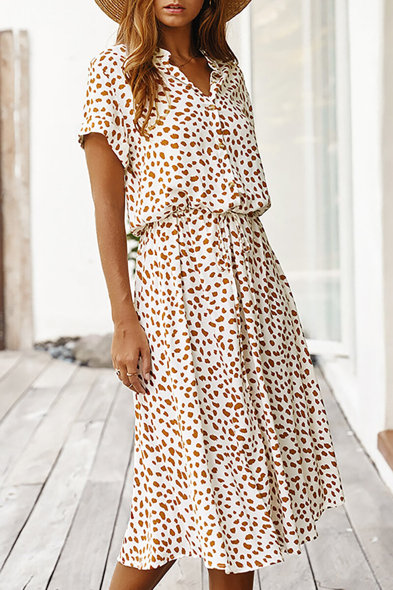 Print Collared Button Front Short Sleeve Drawstring Waist Midi Dress