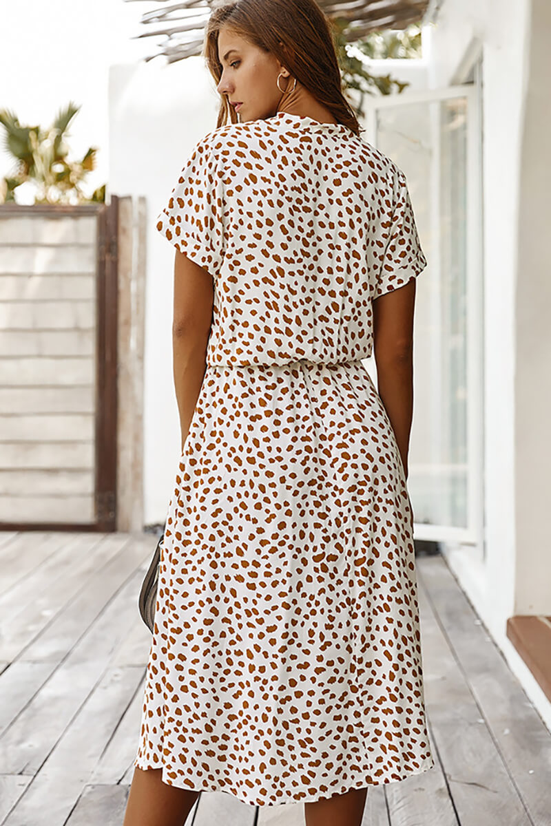 Print Collared Button Front Short Sleeve Drawstring Waist Midi Dress