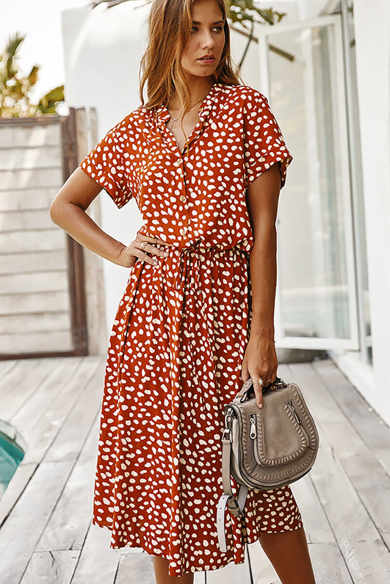 Print Collared Button Front Short Sleeve Drawstring Waist Midi Dress