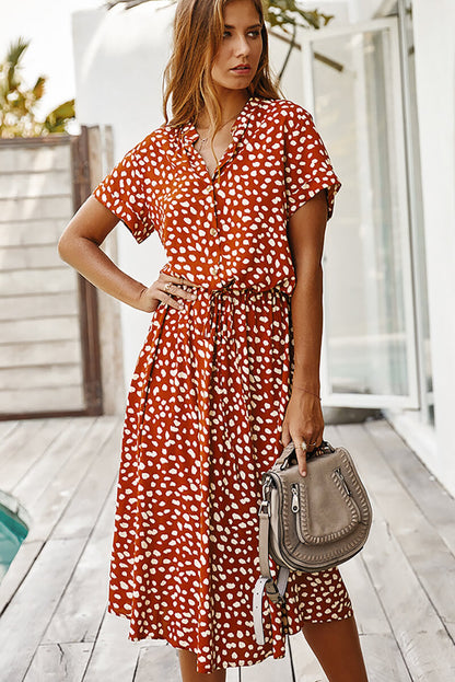 Print Collared Button Front Short Sleeve Drawstring Waist Midi Dress