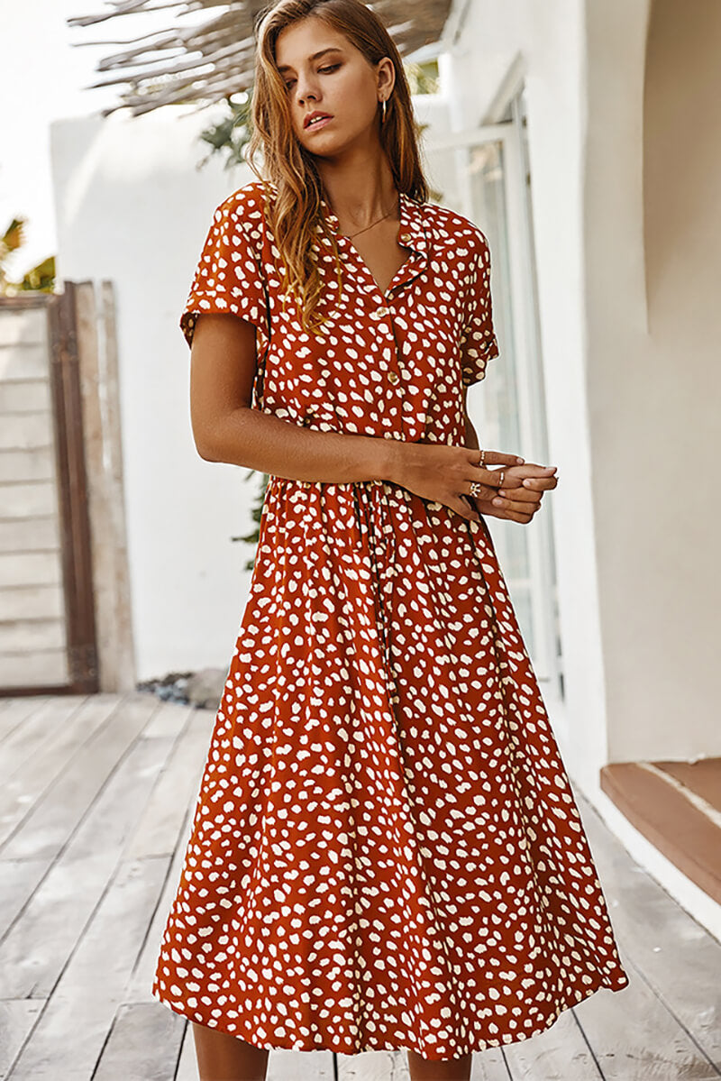 Print Collared Button Front Short Sleeve Drawstring Waist Midi Dress