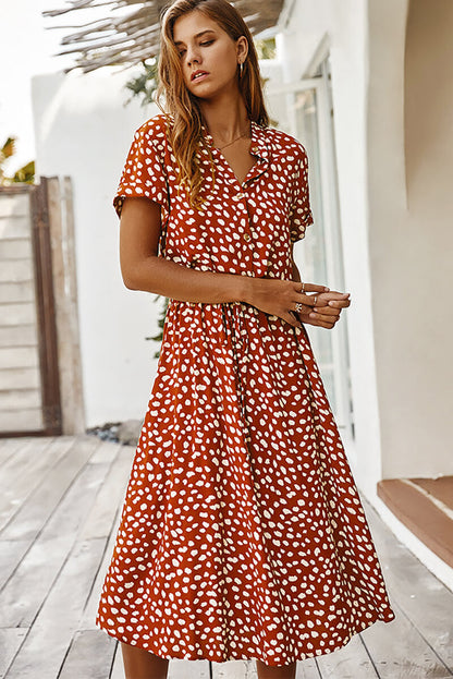 Print Collared Button Front Short Sleeve Drawstring Waist Midi Dress