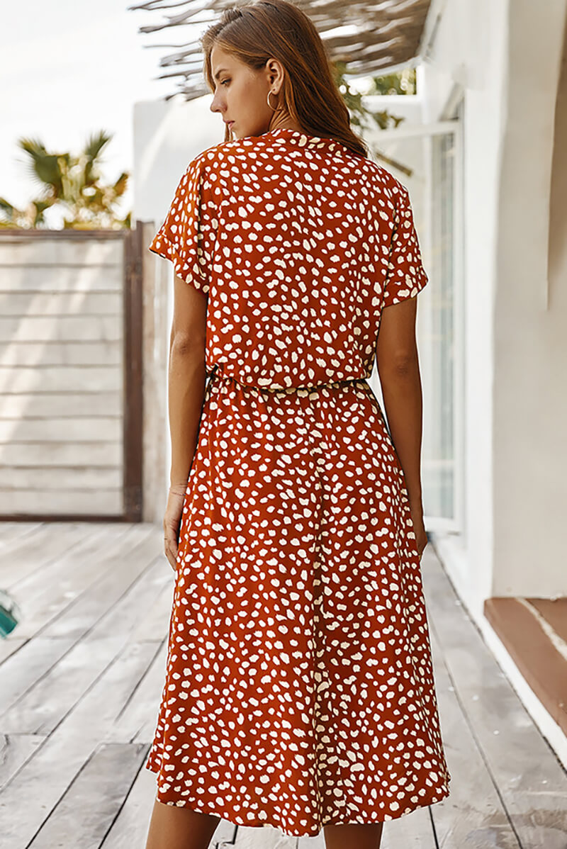 Print Collared Button Front Short Sleeve Drawstring Waist Midi Dress