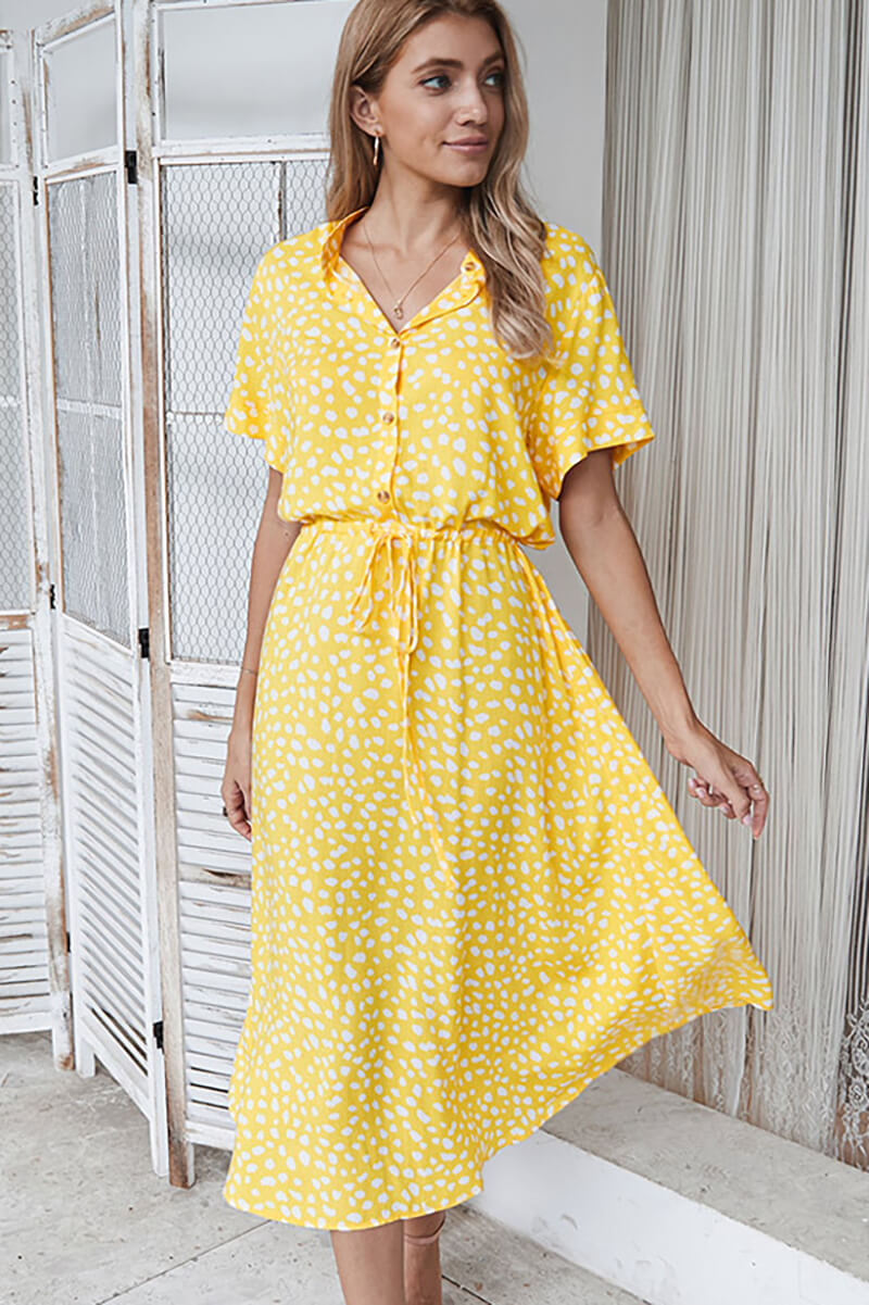 Print Collared Button Front Short Sleeve Drawstring Waist Midi Dress