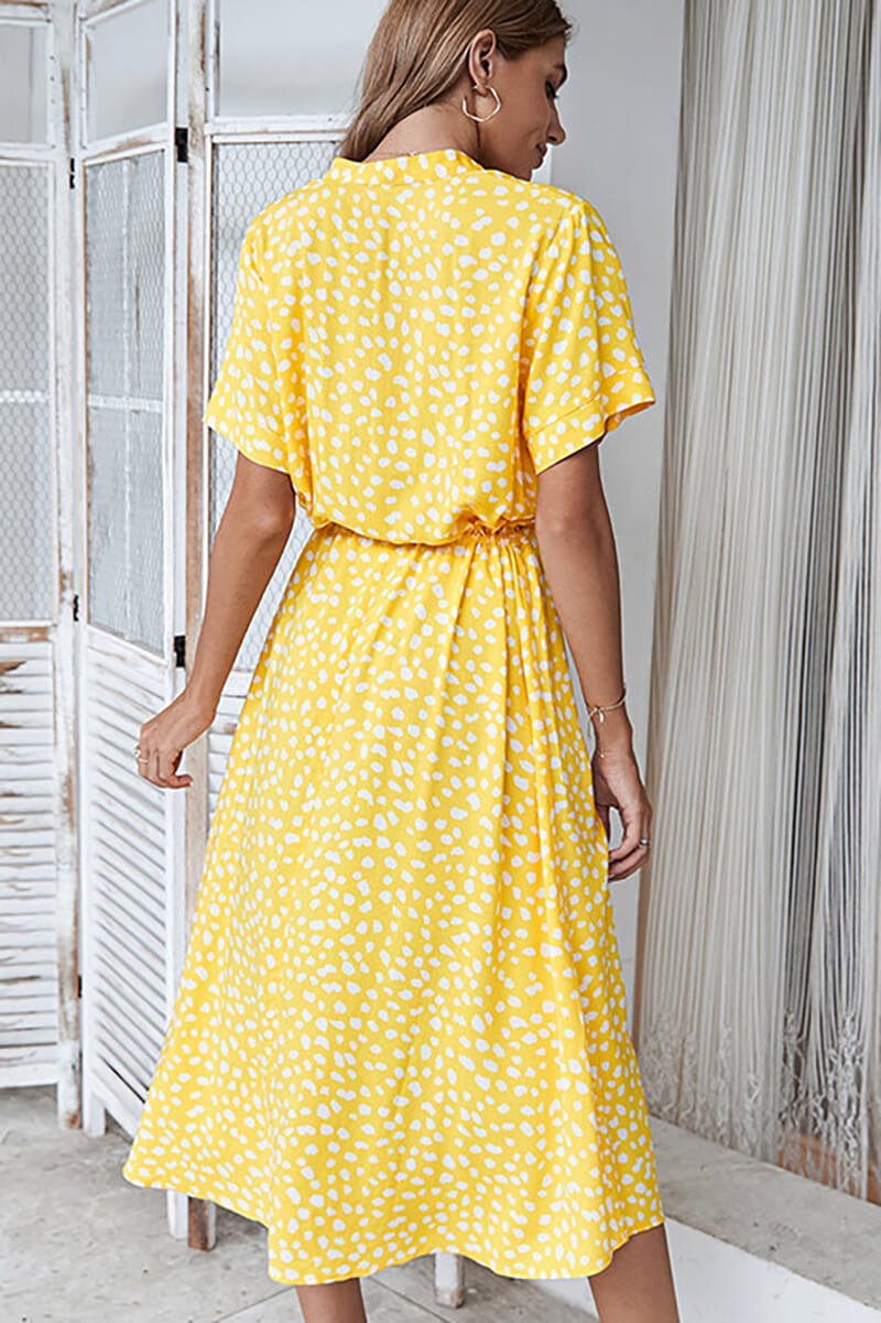 Print Collared Button Front Short Sleeve Drawstring Waist Midi Dress