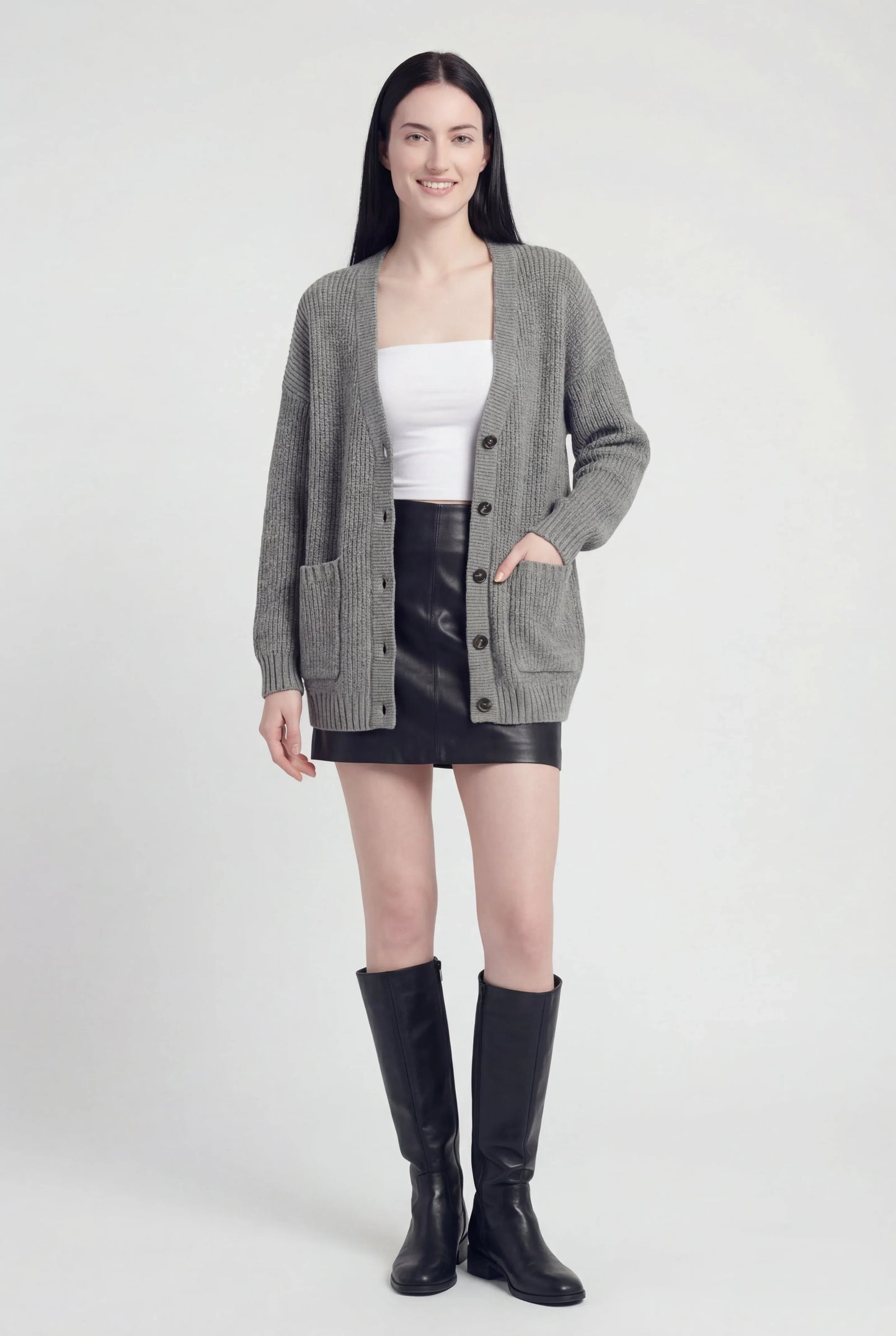 Maison Rib Knit Oversized V-Neck Cardigan | Patch Pockets | Longline