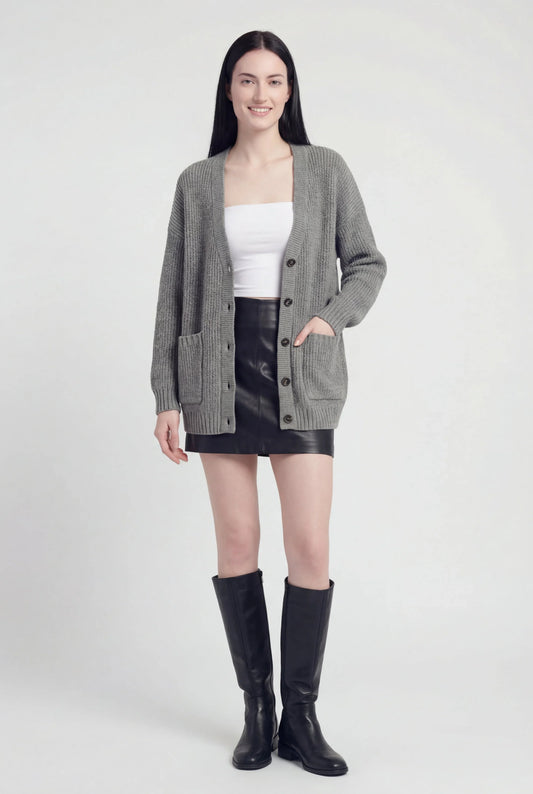 Maison Rib Knit Oversized V-Neck Cardigan | Patch Pockets | Longline