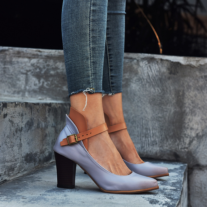 Women's Closed Toe Leather Block Heel Pumps – Buckle Accent Shoes