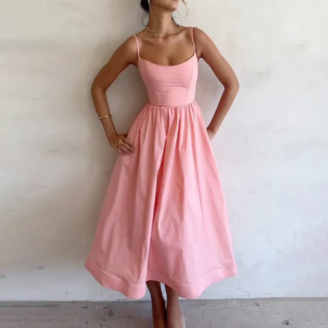 Scoop Neck Spaghetti Strap Princess Seam Fit-and-Flare Midi Dress