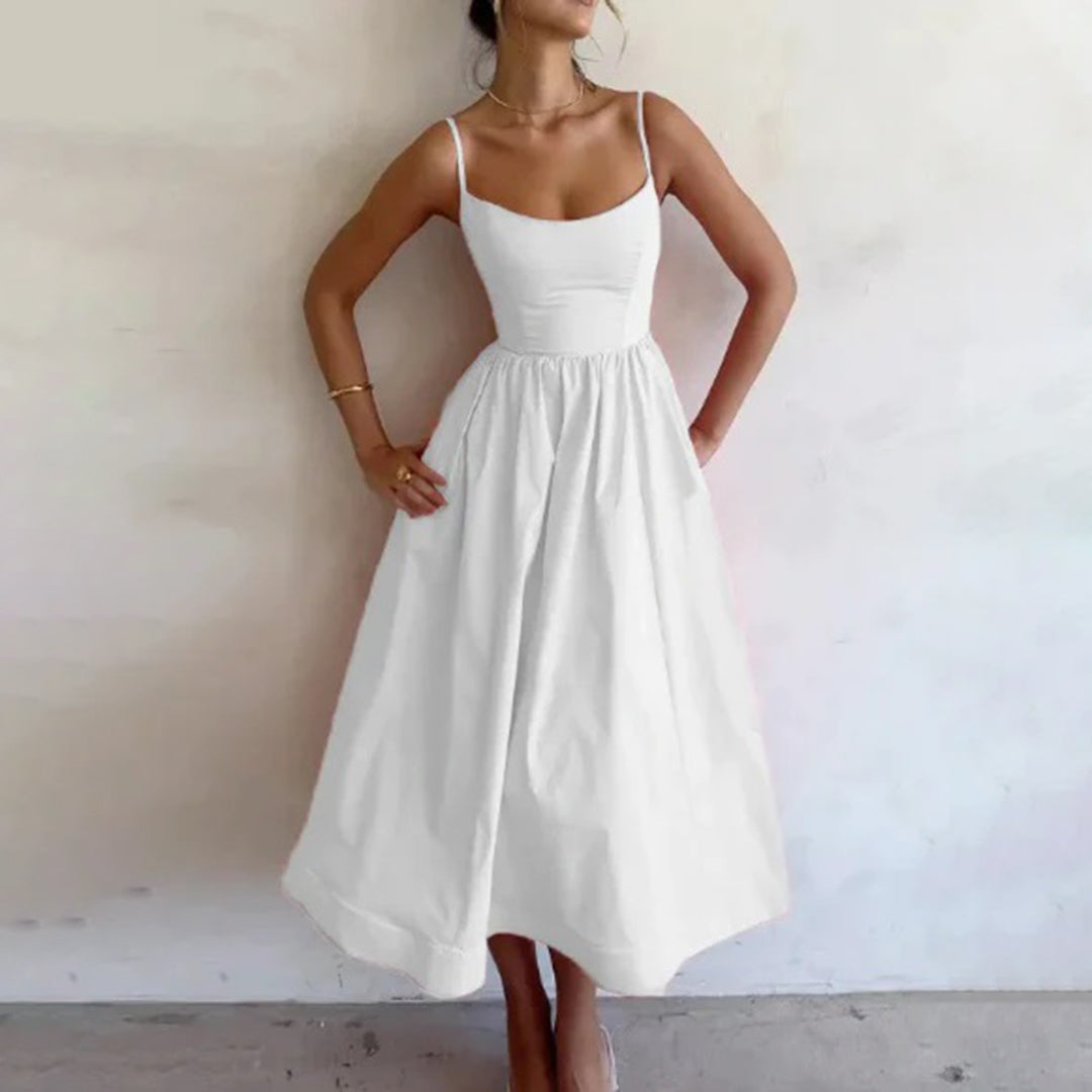 Scoop Neck Spaghetti Strap Princess Seam Fit-and-Flare Midi Dress