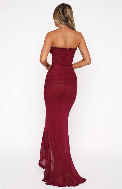 | Ruffled Front Strapless Evening Dress