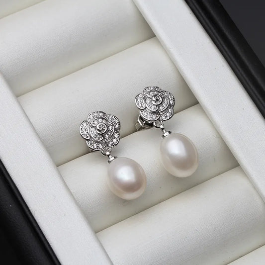 Women's Vintage Silver Flower Pearl Earrings – Romantic Elegant Jewelry