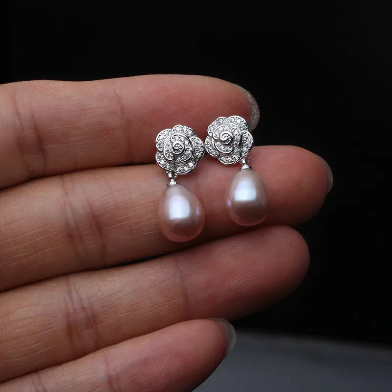 Women's Vintage Silver Flower Pearl Earrings – Romantic Elegant Jewelry