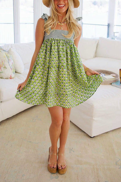 Tie Shoulder Stripe and Floral Mixed Print Babydoll Mini Dress