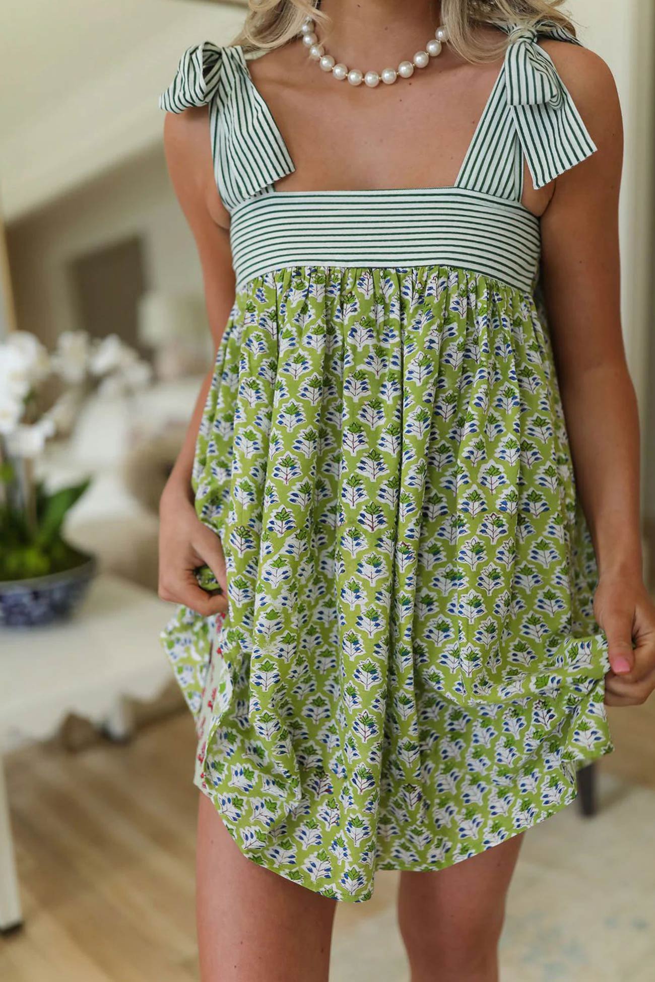 Tie Shoulder Stripe and Floral Mixed Print Babydoll Mini Dress