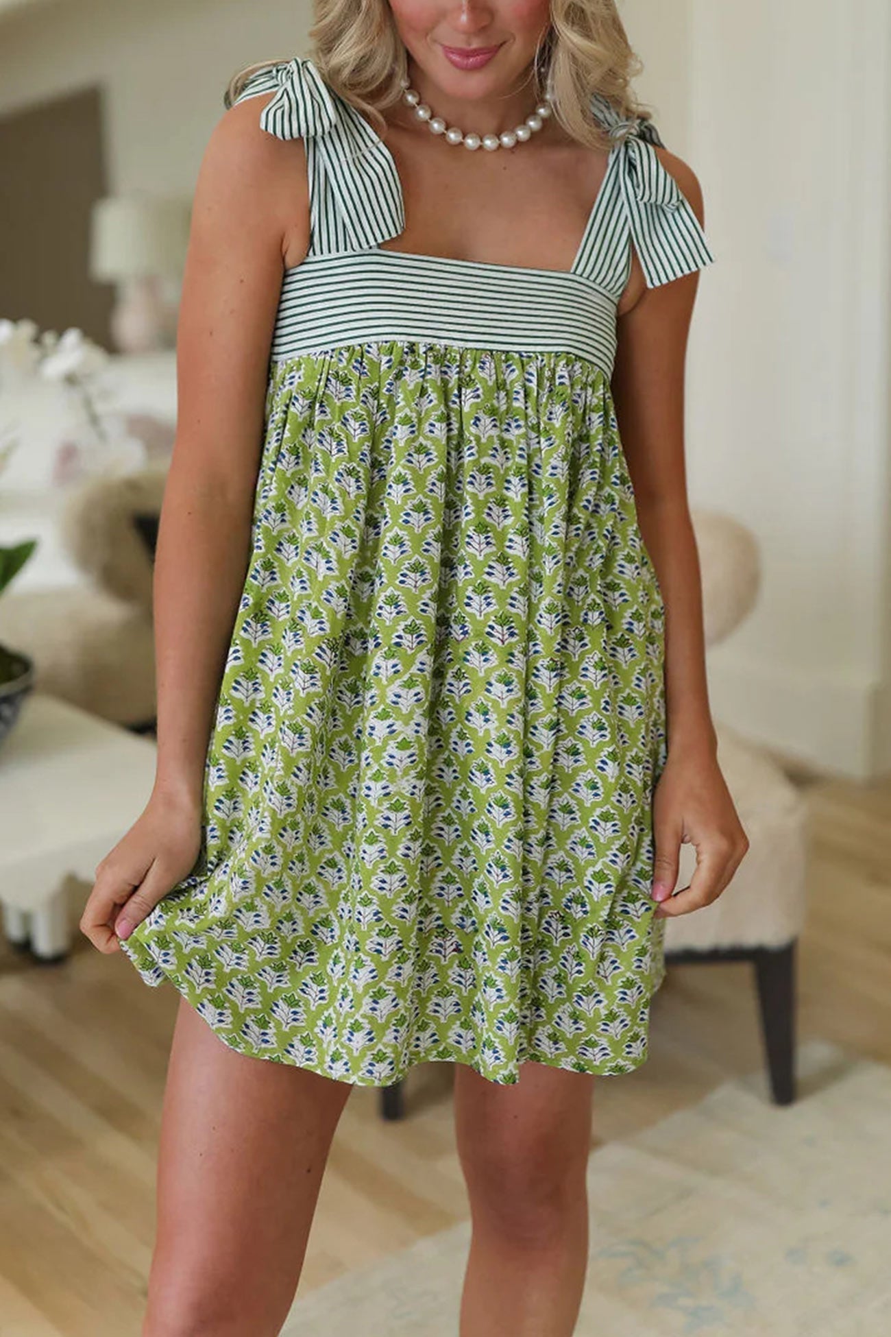 Tie Shoulder Stripe and Floral Mixed Print Babydoll Mini Dress