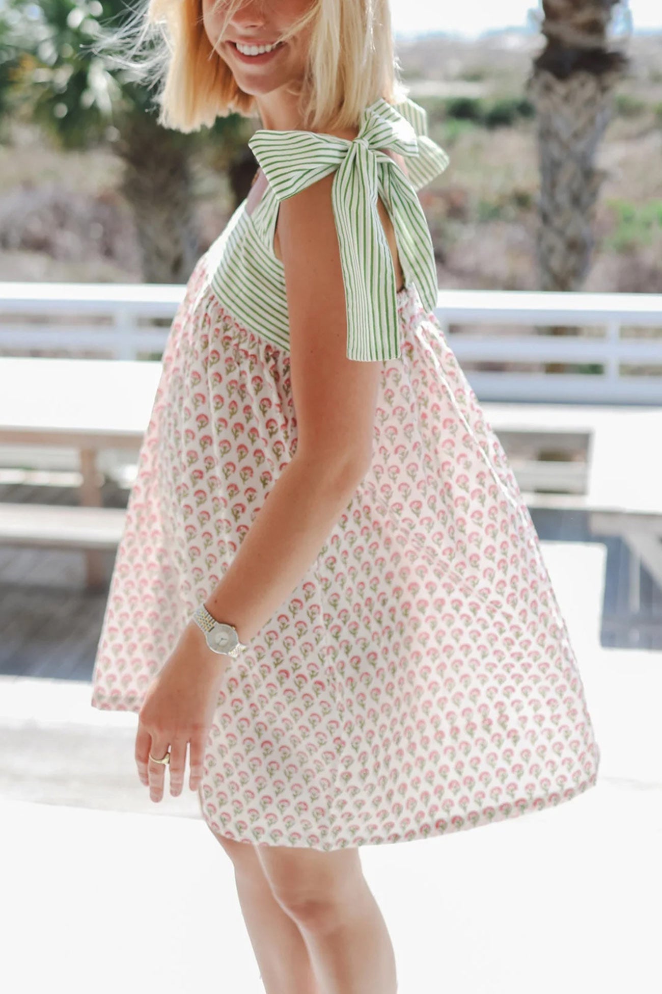 Tie Shoulder Stripe and Floral Mixed Print Babydoll Mini Dress