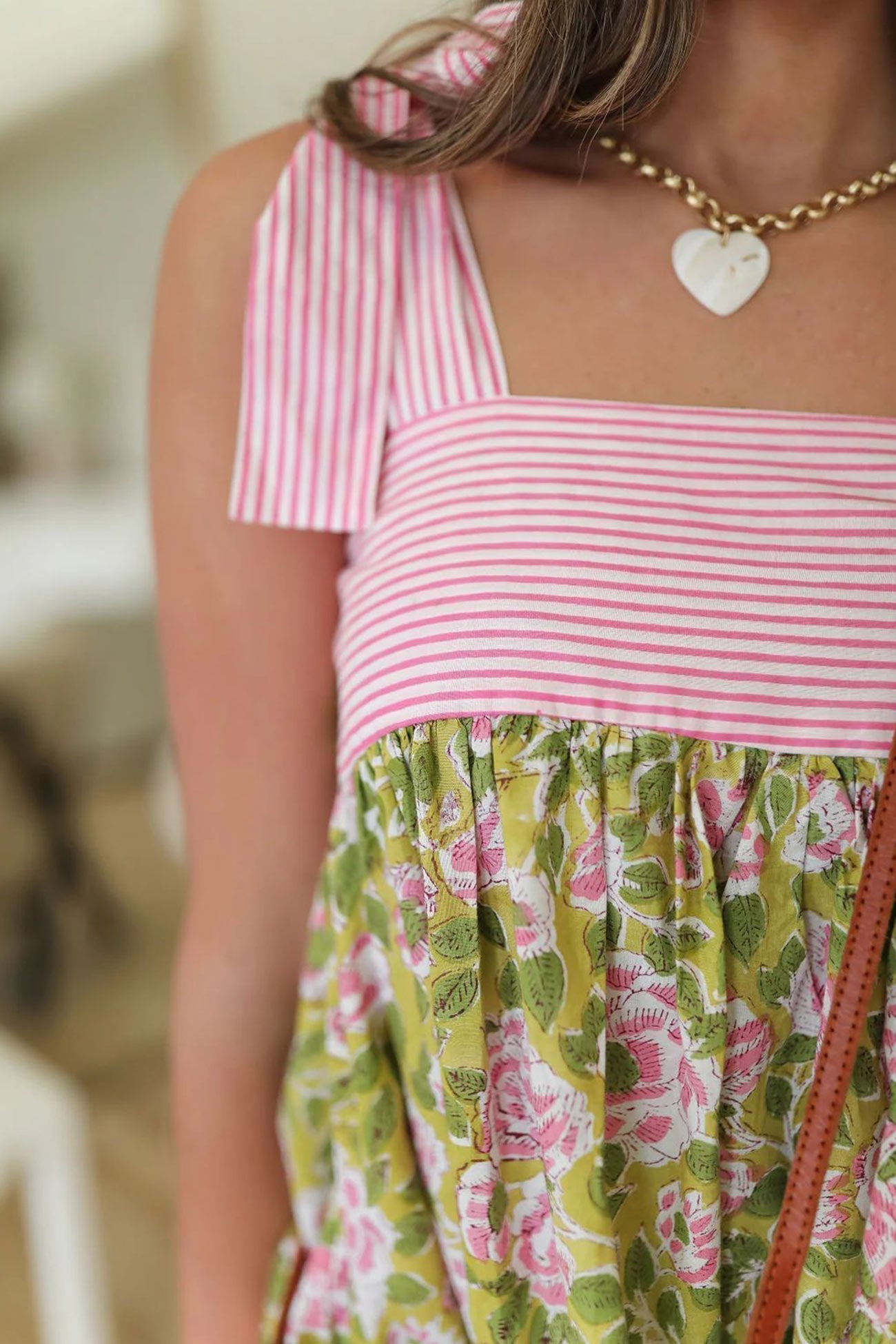 Tie Shoulder Stripe and Floral Mixed Print Babydoll Mini Dress
