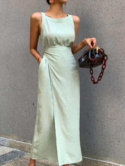 Linen Blend Sleeveless Round Neck Wrap Tie Waist Side Pocket Maxi Dress