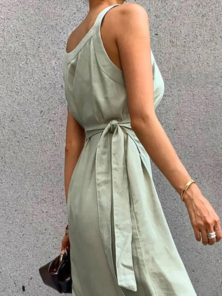 Linen Blend Sleeveless Round Neck Wrap Tie Waist Side Pocket Maxi Dress