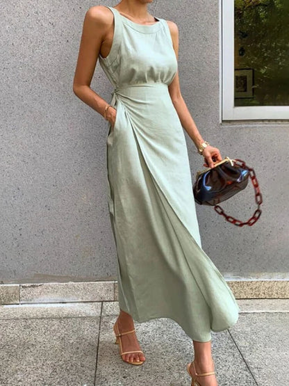 Linen Blend Sleeveless Round Neck Wrap Tie Waist Side Pocket Maxi Dress