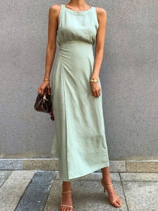 Linen Blend Sleeveless Round Neck Wrap Tie Waist Side Pocket Maxi Dress